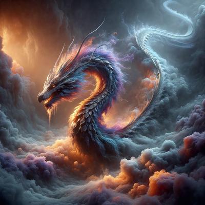 Primary subject: A dragon with a long tail and a blue and purple body.

Setting/background: The dragon is in a cloudy sky, surrounded by clouds.

Visual style: The image is a digital art or illustration.

Colors and mood: The dragon has a blue and purple body, and the overall atmosphere is dramatic and mystical.